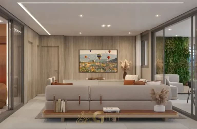 Living ampliado do apartamento decorado em condomínio residencial no Brooklin Zona Sul de São Paulo