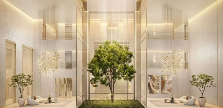 Lobby de entrada com área de recepção em apartamentos no Brooklin, São Paulo