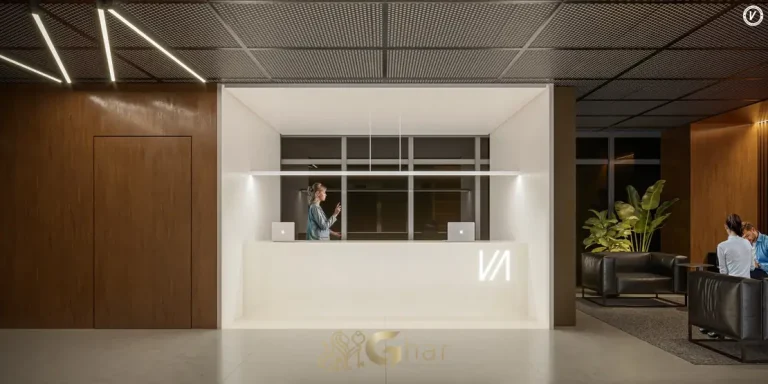 Lobby Alvorada com recepção contemporânea em apartamentos no bairro da Vila Olímpia, São Paulo
