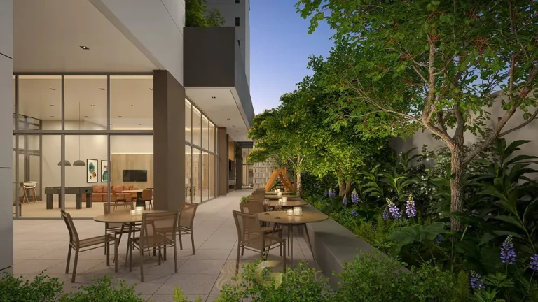 Lounge externo de convivência em apartamentos no bairro do Brooklin, São Paulo