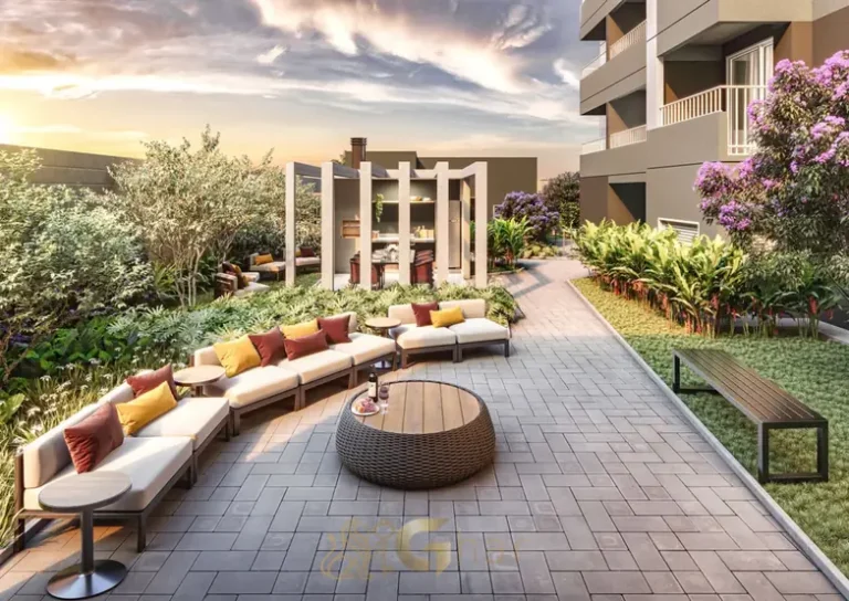 Lounge externo de convivência em condomínio residencial no bairro do Brooklin, na Zona Sul de São Paulo