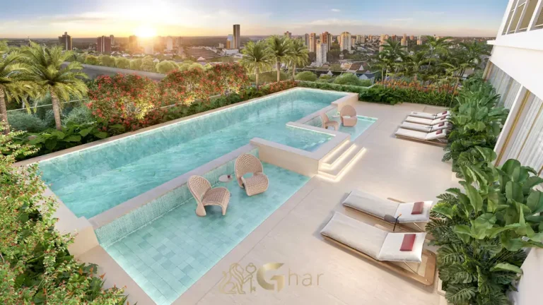 Piscina adulto com deck em condomínio residencial no Brooklin Zona Sul de São Paulo