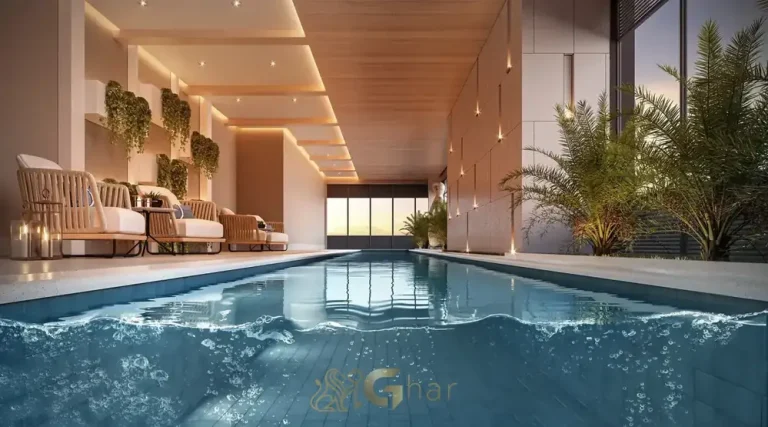 Área interna da piscina coberta com raia em apartamentos no Brooklin, São Paulo