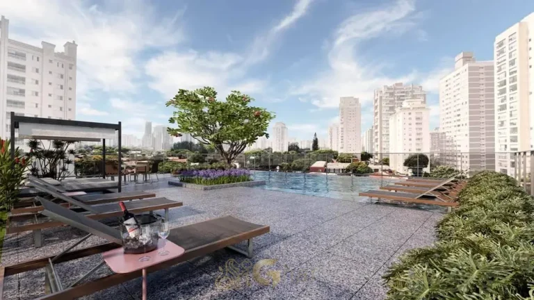 Piscina com deck e área de lazer em apartamentos no bairro do Brooklin, São Paulo