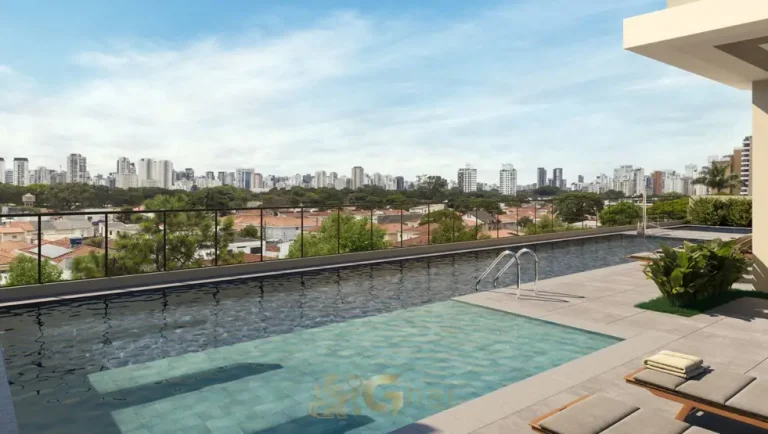 Piscina descoberta com área de lazer em condomínio residencial no Brooklin Zona Sul de São Paulo