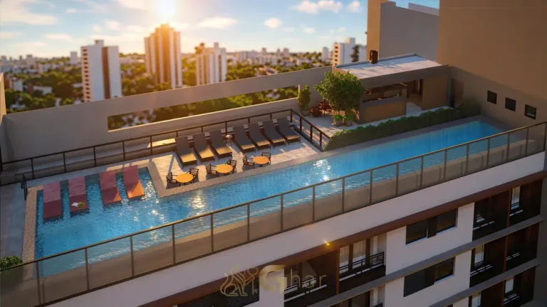 Piscina com raia de 25 metros no rooftop do condomínio Bracon Quatá no bairro da Vila Olímpia em São Paulo