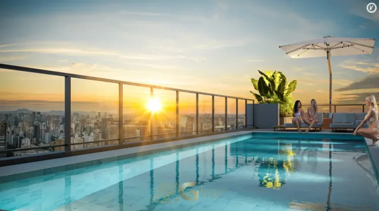 Piscina com pool deck e solarium em apartamentos no bairro da Vila Olímpia, São Paulo