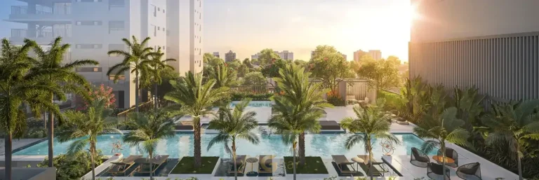 Complexo aquático com piscinas de lazer em condomínio residencial no Brooklin, Zona Sul de São Paulo