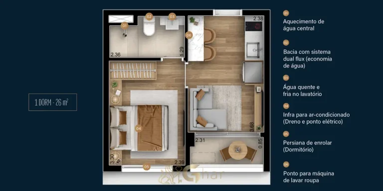 Planta de apartamento de 1 dormitório com 26 m² em condomínio residencial no bairro do Brooklin, na Zona Sul de São Paulo