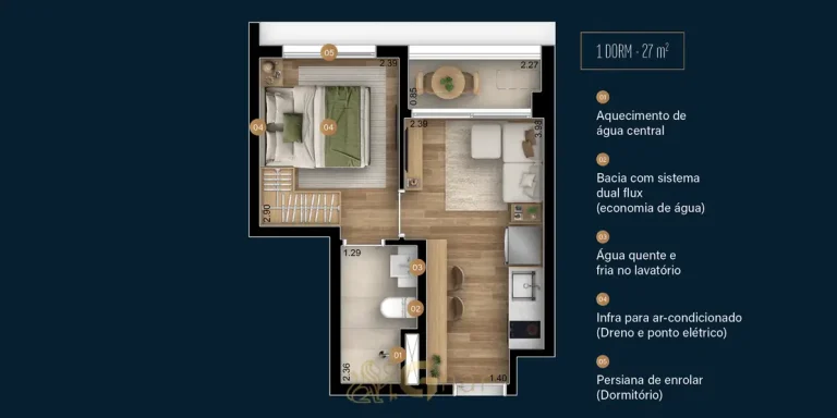 Planta de apartamento de 1 dormitório com 27 m² do condomínio Boulevard Brooklin no bairro do Brooklin, São Paulo