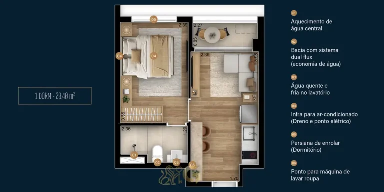 Planta de apartamento de 1 dormitório com 29 m² em apartamentos no bairro do Brooklin, São Paulo