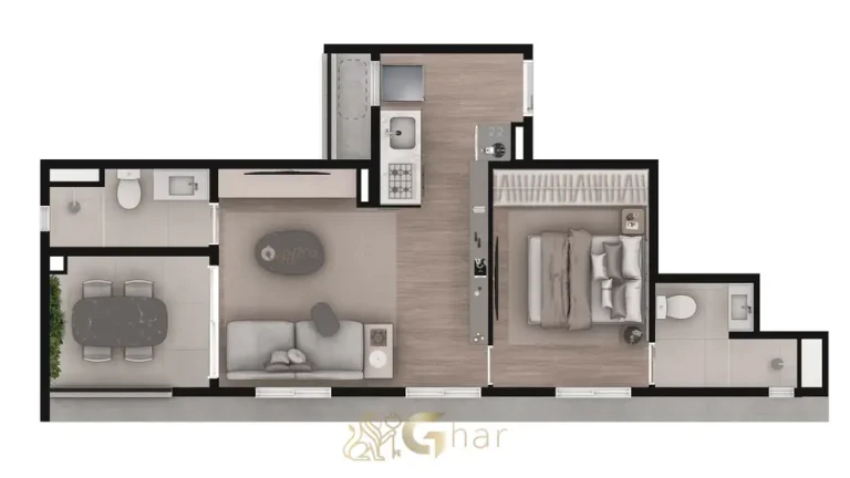 Planta de 47 m² com 1 dormitório e terraço ampliado em condomínio residencial na Vila Olímpia, Zona Sul de São Paulo