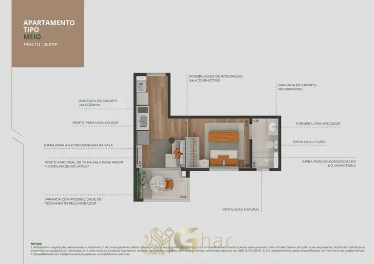 Planta de apartamento de 1 dormitório com cerca de 26 m² do condomínio Brooklin Sky Home Tower no bairro do Brooklin, São Paulo