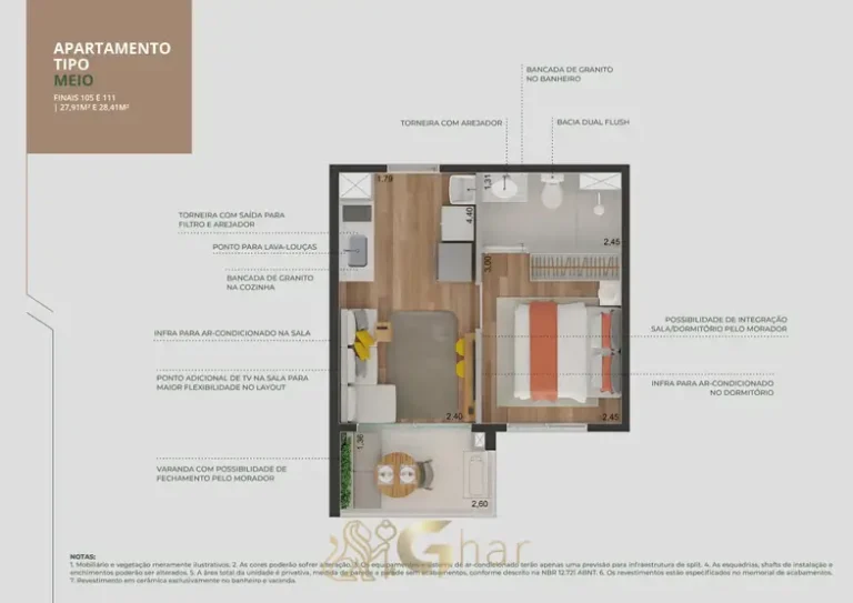 Planta de apartamento de 1 dormitório com cerca de 27 m² em condomínio residencial no bairro do Brooklin, na Zona Sul de São Paulo