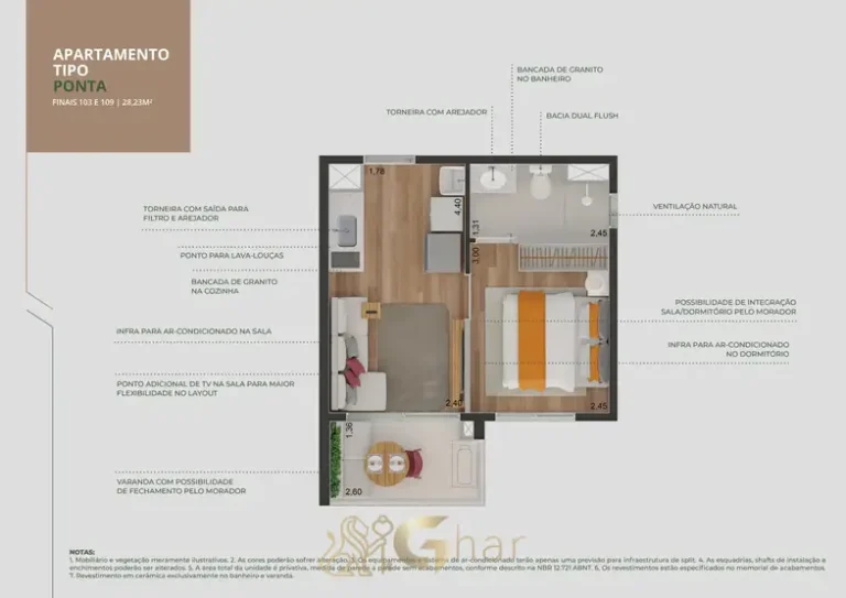 Planta de apartamento de 1 dormitório com cerca de 28 m² em apartamentos no bairro do Brooklin, São Paulo