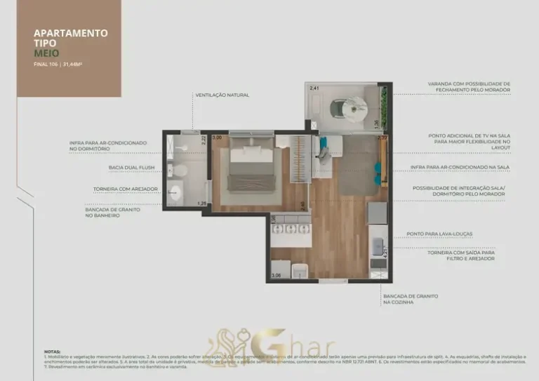 Planta de apartamento de 1 dormitório com cerca de 31 m² em apartamentos no bairro do Brooklin, São Paulo