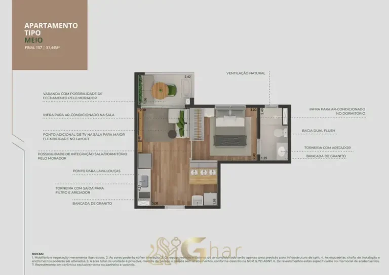 Planta alternativa de apartamento de 1 dormitório com cerca de 31 m² em condomínio residencial no bairro do Brooklin, na Zona Sul de São Paulo