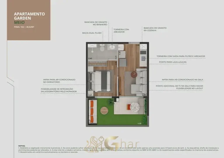 Planta garden de 1 dormitório com cerca de 36 m² em apartamentos no bairro do Brooklin, São Paulo