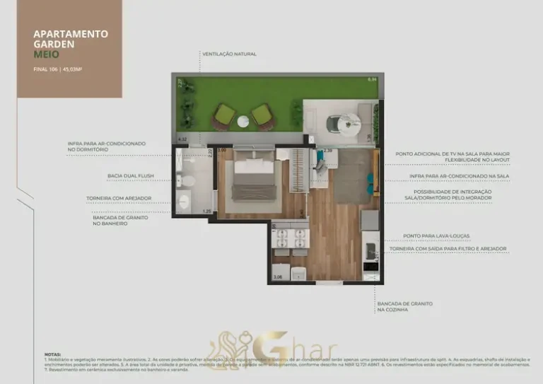 Planta garden de 1 dormitório com cerca de 45 m² em condomínio residencial no bairro do Brooklin, na Zona Sul de São Paulo