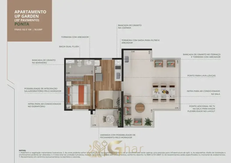 Planta garden de 1 dormitório com cerca de 58 m² do condomínio Brooklin Sky Home Tower no bairro do Brooklin, São Paulo