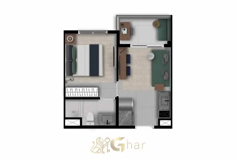 Planta do apartamento de 1 dormitório de 25 m² tipo B do condomínio Nex One João Cachoeira no bairro Itaim Bibi em São Paulo