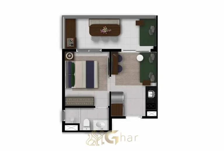 Planta do apartamento de 1 dormitório de 31 m² tipo D em condomínio residencial no Itaim Bibi Zona Sul de São Paulo