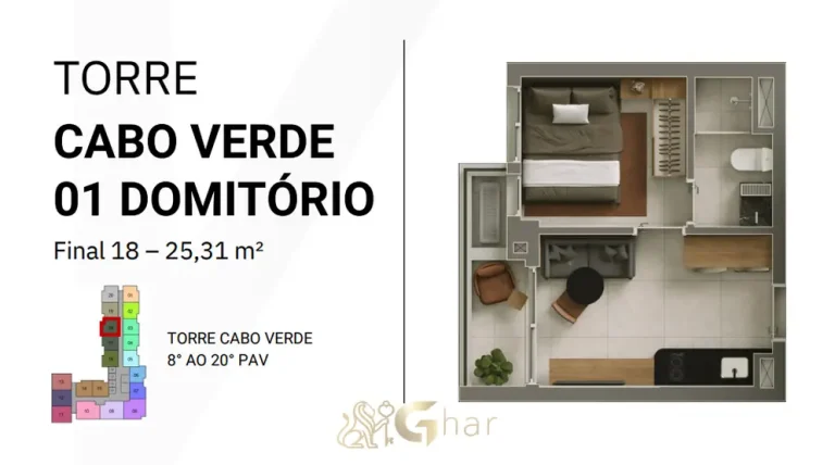 Planta de apartamento de 1 dormitório com cerca de 25,31 m² do condomínio Vitacon Vila Olímpia no bairro da Vila Olímpia, São Paulo