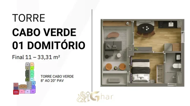 Planta de apartamento de 1 dormitório com cerca de 33,31 m² em apartamentos no bairro da Vila Olímpia, São Paulo