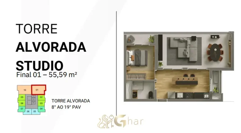 Planta de apartamento de 1 dormitório com cerca de 55,59 m² em condomínio residencial no bairro da Vila Olímpia, na Zona Sul de São Paulo
