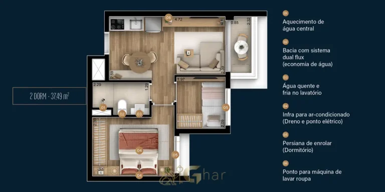 Planta de apartamento de 2 dormitórios com 37 m² em condomínio residencial no bairro do Brooklin, na Zona Sul de São Paulo