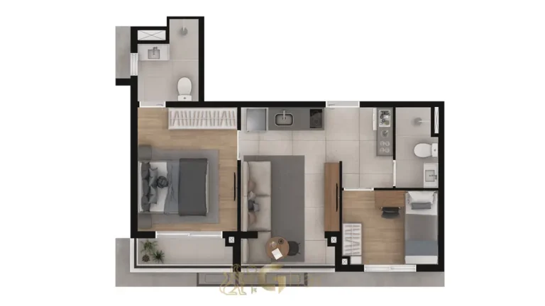 Planta de 41 m² com 2 dormitórios e varanda em apartamentos na Vila Olímpia, São Paulo