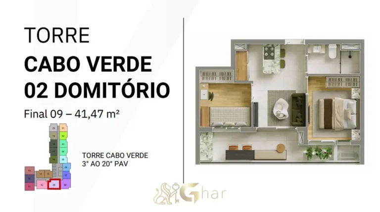 Planta de apartamento de 2 dormitórios com cerca de 41 m² em condomínio residencial no bairro da Vila Olímpia, na Zona Sul de São Paulo