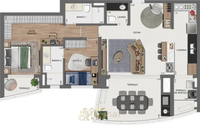 Planta alternativa do apartamento de 107 m² com 2 suítes em apartamentos no bairro do Brooklin, São Paulo