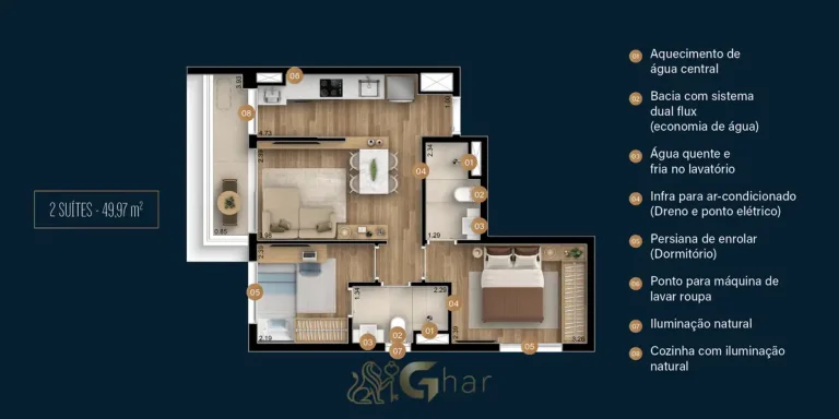 Planta de apartamento de 49 m² com 2 suítes e 1 vaga do condomínio Boulevard Brooklin no bairro do Brooklin, São Paulo