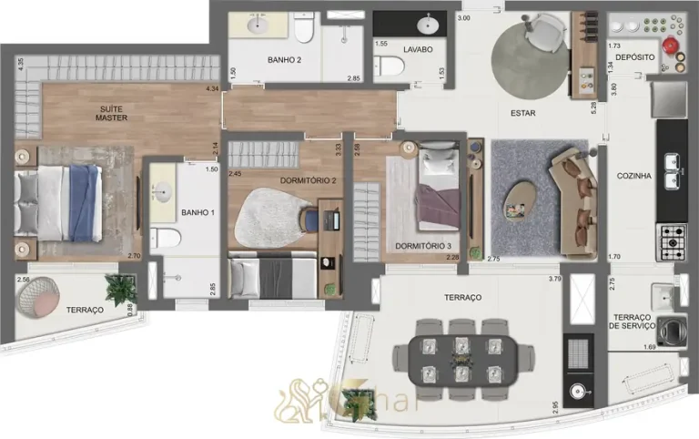 Planta do apartamento de 107 m² com 3 dormitórios do condomínio Arkadio EZ by Ott Brooklin no bairro do Brooklin, em São Paulo