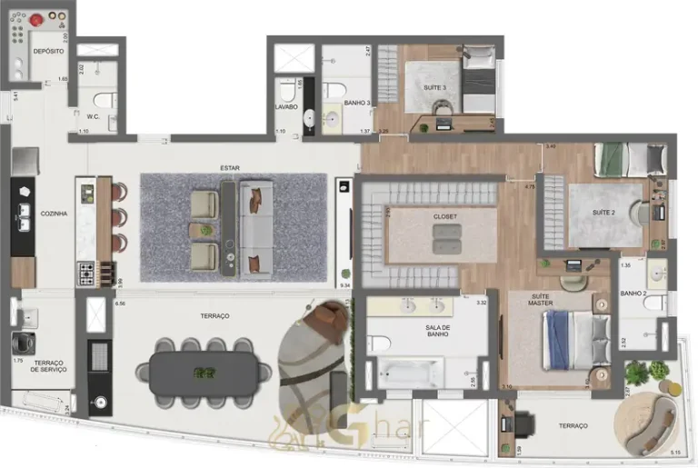 Planta alternativa do apartamento de 180 m² com 3 suítes do condomínio Arkadio EZ by Ott Brooklin no bairro do Brooklin, em São Paulo