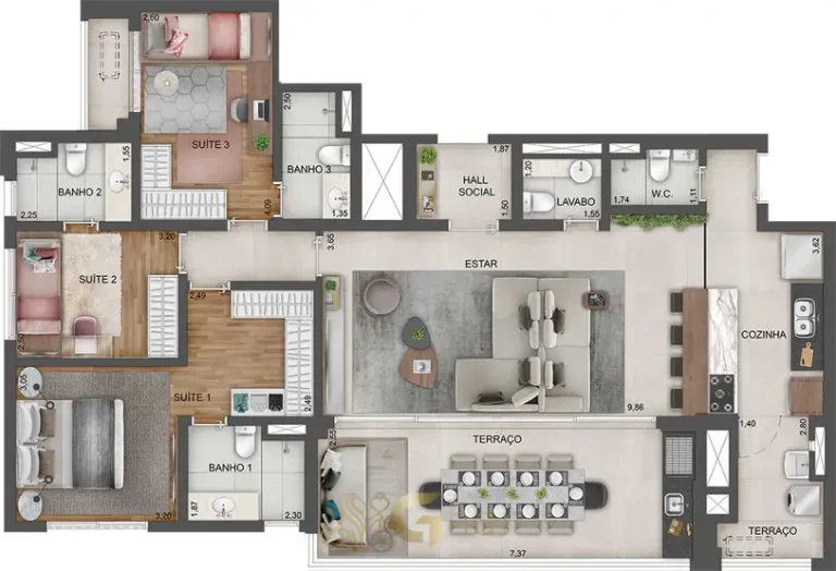 Planta de 141 m² com 3 suítes e living ampliado do condomínio Expression Ibirapuera by EZ no bairro Ibirapuera em São Paulo
