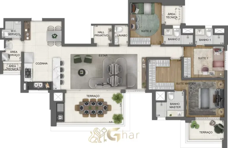 Planta do apartamento de 138 m² com 3 suítes em apartamentos no Brooklin São Paulo