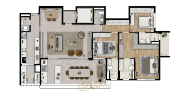 Planta de 160 m² com 3 suítes do condomínio Infinity Brooklin no bairro do Brooklin em São Paulo