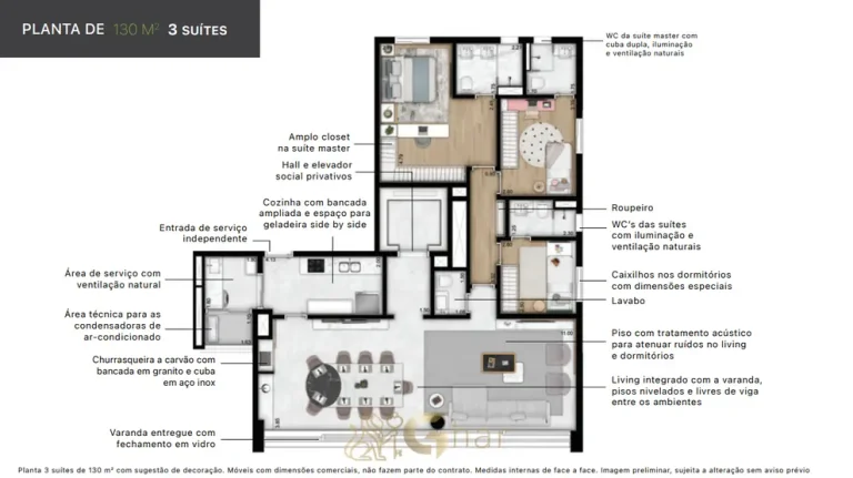 Planta de apartamento de 130 m² com 3 suítes em condomínio residencial no bairro do Brooklin, na Zona Sul de São Paulo