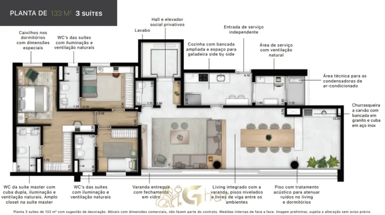 Planta de apartamento de 133 m² com 3 suítes do condomínio Lux House Brooklin no bairro do Brooklin, São Paulo