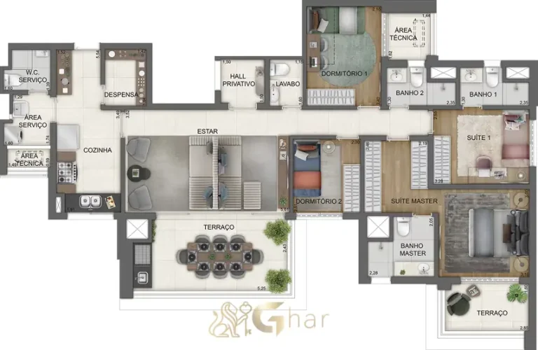 Planta do apartamento de 138 m² com 4 dormitórios do condomínio Haute Brooklin by EZ no bairro Brooklin em São Paulo