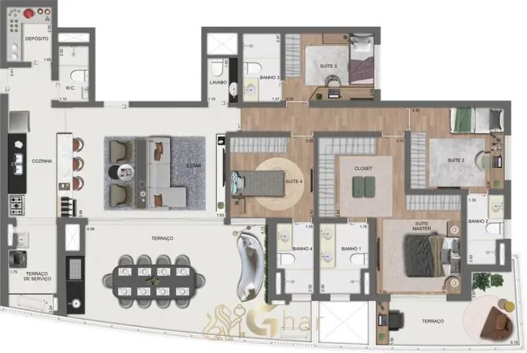 Planta do apartamento de 180 m² com 4 suítes em condomínio residencial no bairro do Brooklin, na Zona Sul de São Paulo