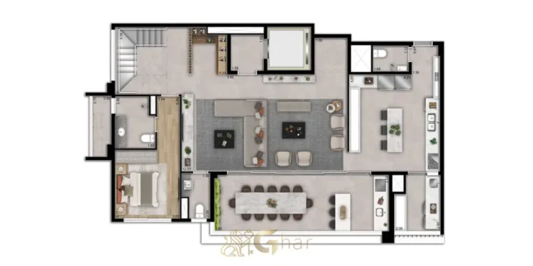 Planta do pavimento inferior do duplex de 256 m² em apartamentos no Brooklin São Paulo