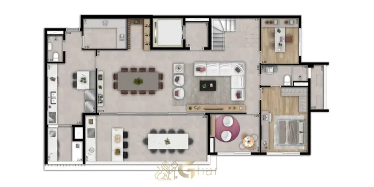 Planta do pavimento inferior do duplex de 300 m² em condomínio residencial no Brooklin Zona Sul de São Paulo