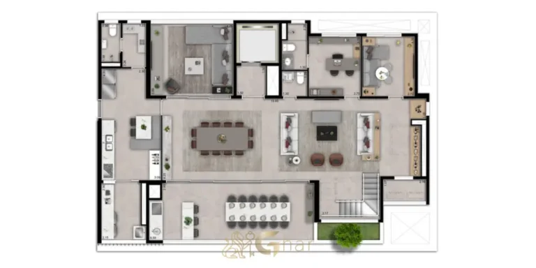 Planta do pavimento inferior do duplex de 337 m² do condomínio Infinity Brooklin no bairro do Brooklin em São Paulo