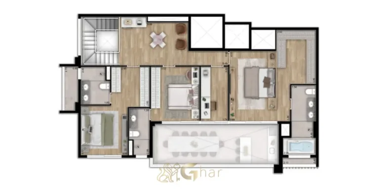 Planta do pavimento superior do duplex de 256 m² em condomínio residencial no Brooklin Zona Sul de São Paulo
