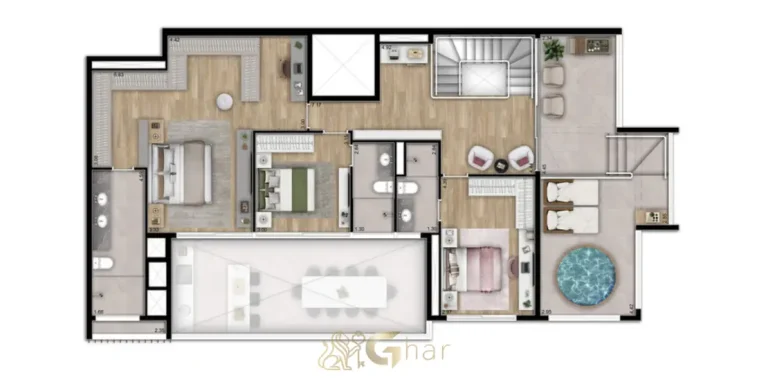 Planta do pavimento superior do duplex de 300 m² do condomínio Infinity Brooklin no bairro do Brooklin em São Paulo