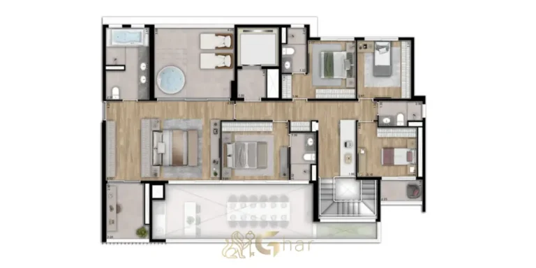 Planta do pavimento superior do duplex de 337 m² em apartamentos no Brooklin São Paulo