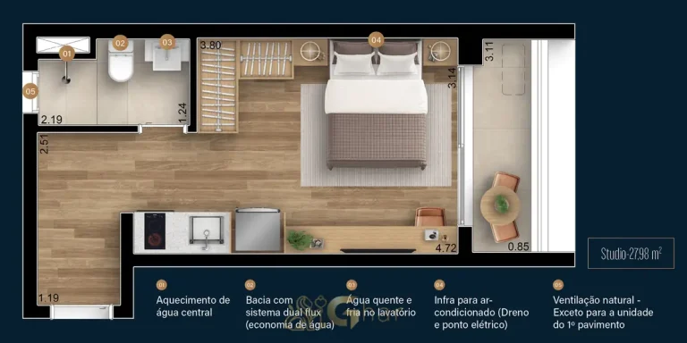Planta de studio de 27 m² em apartamentos no bairro do Brooklin, São Paulo
